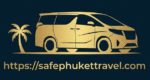 โลโก้ Safe Phuket Travel รูปรถตู้ VIP สีทองและต้นมะพร้าว สัญลักษณ์บริการรถตู้พร้อมคนขับในภูเก็ต