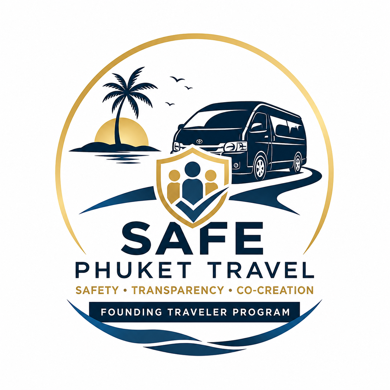 โลโก้ SafePhuketTravel บริการรถตู้ VIP ภูเก็ต พร้อมคนขับ - ไอคอนต้นมะพร้าวและรูปรถตู้สีน้ำเงิน